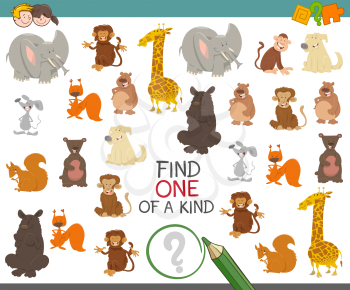 Cartoon Illustration of Find One of a Kind Educational Activity Game for Preschool Children with Cute Animal Characters
