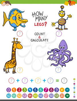 Cartoon Illustration of Educational Mathematical Counting and Addition Game for Preschool Kids with Funny Characters