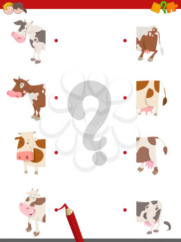 Cartoon Illustration of Educational Matching Halves Activity with Cows Farm Animal Characters