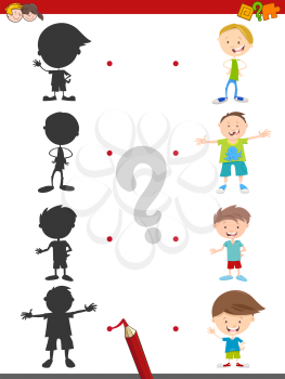 Cartoon Illustration of Find the Shadow Educational Activity Game for Children with Boys Kid Characters
