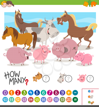 Cartoon Illustration of Educational Mathematical Activity Game of Counting Farm Animal Characters