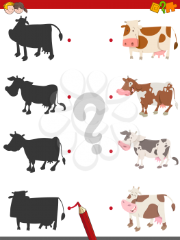 Cartoon Illustration of Join the Shadow with Animal Educational Activity Game for Children with Cow Farm Animal Characters