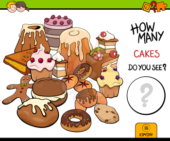 Cartoon Illustration of Educational Counting Activity Game for Children with Cakes