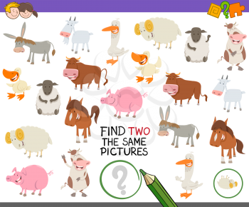 Cartoon Illustration of Finding Two Exactly the Same Pictures Educational Activity for Children with Farm Animal Characters