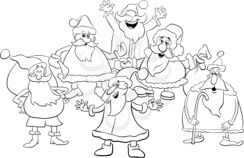 Black and White Cartoon Illustration of Santa Claus Christmas Characters Group Coloring Book