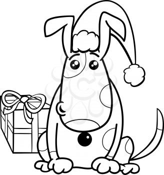 Black and White Cartoon Illustration of Dog or Puppy Animal Character with gift on Christmas Time Coloring Book