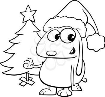 Black and White Cartoon Illustration of Dog Animal Character with Christmas Tree Coloring Book