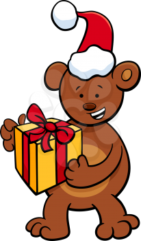Cartoon Illustration of Bear or Teddy Animal Character with Present on Christmas Time