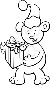 Black and White Cartoon Illustration of Bear or Teddy Animal Character with Present on Christmas Time Coloring Book
