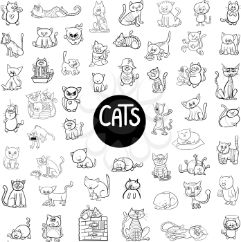 Black and White Cartoon Illustration of Cats Animal Characters Big Set