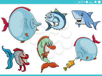 Cartoon Illustration of Fish Sea Life Animal Characters Set