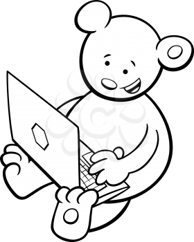 Black and White Cartoon Illustration of Bear Fantasy Animal Character with Laptop or Notebook Coloring Book