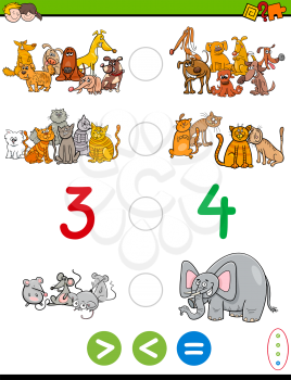 Cartoon Illustration of Educational Mathematical Activity Game of Greater Than, Less Than or Equal to for Children with Animal and Pet Characters