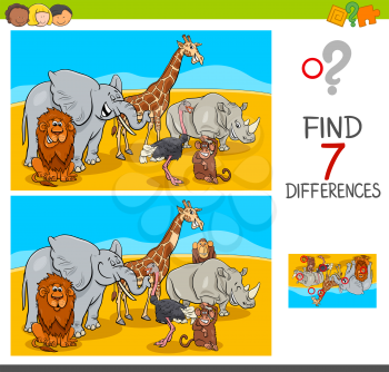 Cartoon Illustration of Finding Seven Differences Between Pictures Educational Activity Game for Kids with African Animal Characters Group