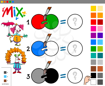 Cartoon Illustration of Mixing Colors Educational Game for Children with Funny Clown Characters