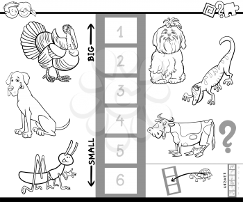 Black and White Cartoon Illustration of Educational Game of Finding the Biggest and the Smallest Animal Characters for Preschool Children Coloring Book
