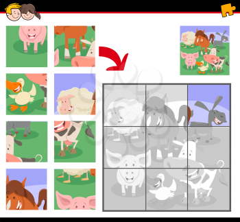 Cartoon Illustration of Educational Jigsaw Puzzle Activity Game for Children with Farm Animals Group