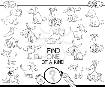 Black and White Cartoon Illustration of Find One of a Kind Picture Educational Activity Game for Children with Dogs or Puppies Characters Coloring Book