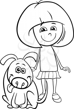 Black and White Cartoon Illustration of Kid Girl with Funny Dog Coloring Book