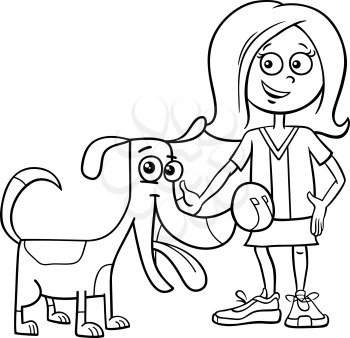 Black and White Cartoon Illustration of Kid Girl with Funny Dog or Puppy Coloring Book