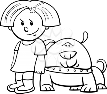 Black and White Cartoon Illustration of Cute Girl with Funny Dog Coloring Book
