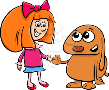 Cartoon Illustration of Cute Little Girl with Funny Dog