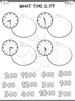 Black and White Cartoon Illustrations of Telling Time Educational Workbook with Clock Face for Children