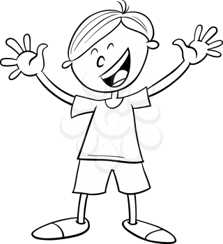 Black and White Cartoon Illustration of Happy Preschool or Elementary Age Kid Boy Character Coloring Book