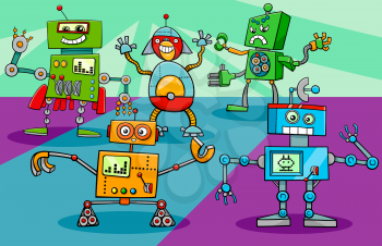 Cartoon Illustration of Funny Dancing Robots Science Fiction Characters Group