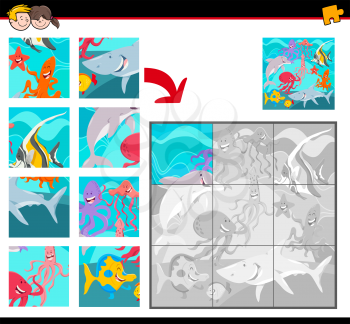 Cartoon Illustration of Educational Jigsaw Puzzle Activity Game for Children with Sea Life Animal Characters