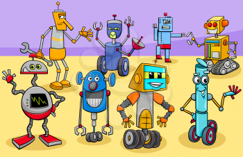 Cartoon Illustration of Happy Robots Science Fiction Characters Group