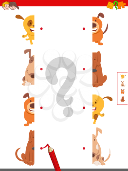 Cartoon Illustration of Educational Game of Connecting Halves of Funny Dog or Puppy Characters