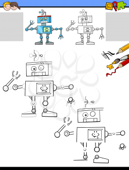 Cartoon Illustration of Drawing and Coloring Educational Activity for Children with Funny Robot or Droid Character