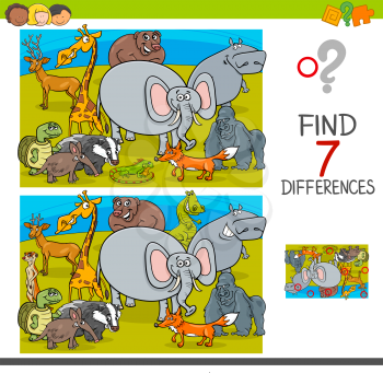 Cartoon Illustration of Finding Seven Differences Between Pictures Educational Activity Game for Children with Wild Animals Characters Group