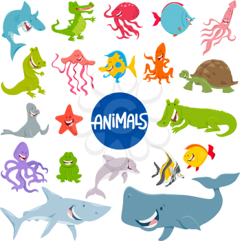 Cartoon Illustration of Marine Life Animal Characters Set