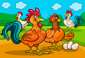 Cartoon Illustration of Funny Chicken Farm Animal Characters Group