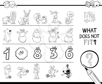Black and White Cartoon Illustration of Finding Picture that does not Fit in a Row Educational Game with Comic Characters Coloring Book