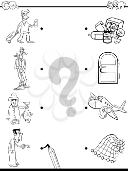 Black and White Cartoon Illustration of Educational Pictures Matching Game for Children with People Characters and Objects Coloring Book