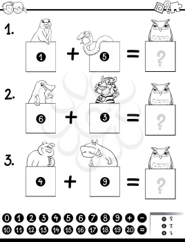 Black and White Cartoon Illustration of Educational Mathematical Addition Puzzle Game for Children with Animal Characters Coloring Book