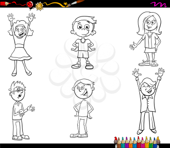 Black and White Cartoon Illustration of Happy Children Characters Set Coloring Book