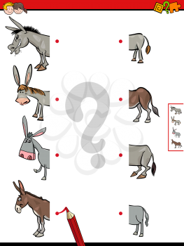 Cartoon Illustration of Educational Game of Matching Halves of Comic Donkeys Animal Characters Pictures