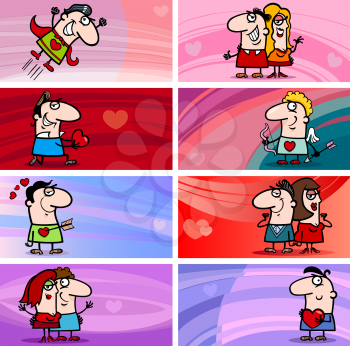 Cartoon Illustration of Greeting Cards with People Characters in Love and Valentines Day Themes Set