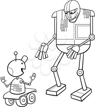 Black and White Cartoon Illustration of Funny Talking Robots Fantasy Characters Coloring Book