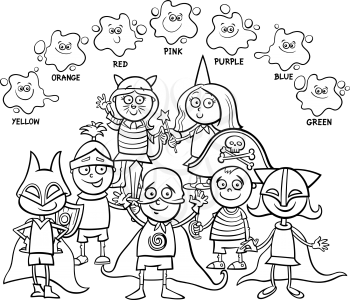 Black and White Cartoon Illustration of Primary Basic Colors Educational Activity for Children with Kid Characters at the Mask Ball Coloring Book