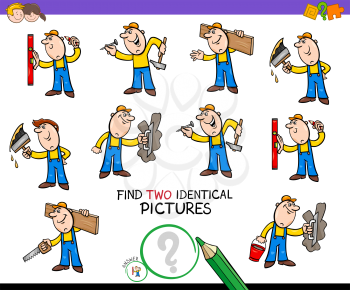Cartoon Illustration of Finding Two Identical Pictures Educational Game for Childen with Funny Workers and Builders at Work