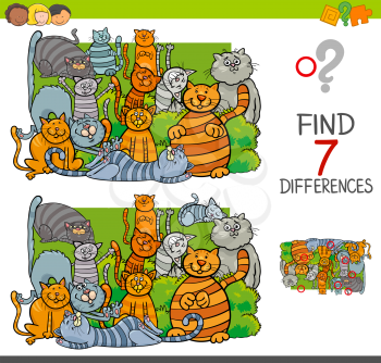 Cartoon Illustration of Finding Seven Differences Between Pictures Educational Activity Game for Children with Cats Animal Characters Group