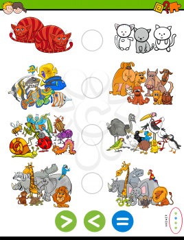Cartoon Illustration of Educational Mathematical Puzzle Game of Greater Than, Less Than or Equal to for Children with Animal Characters