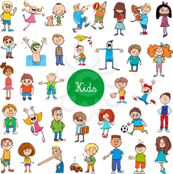 Cartoon Illustration of Children and Teenagers Characters Large Set