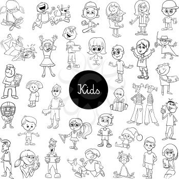 Black and White Cartoon Illustration of Kids and Teens Characters Large Set