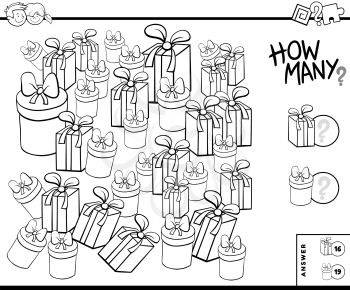 Black and White Illustration of Educational Counting Task for Children with Christmas or Birthday Presents Coloring Book